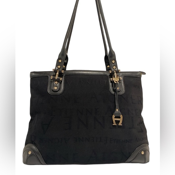Etienne Aigner Logo Print Black Shoulder Bag Tote NWOT - Picture 1 of 9